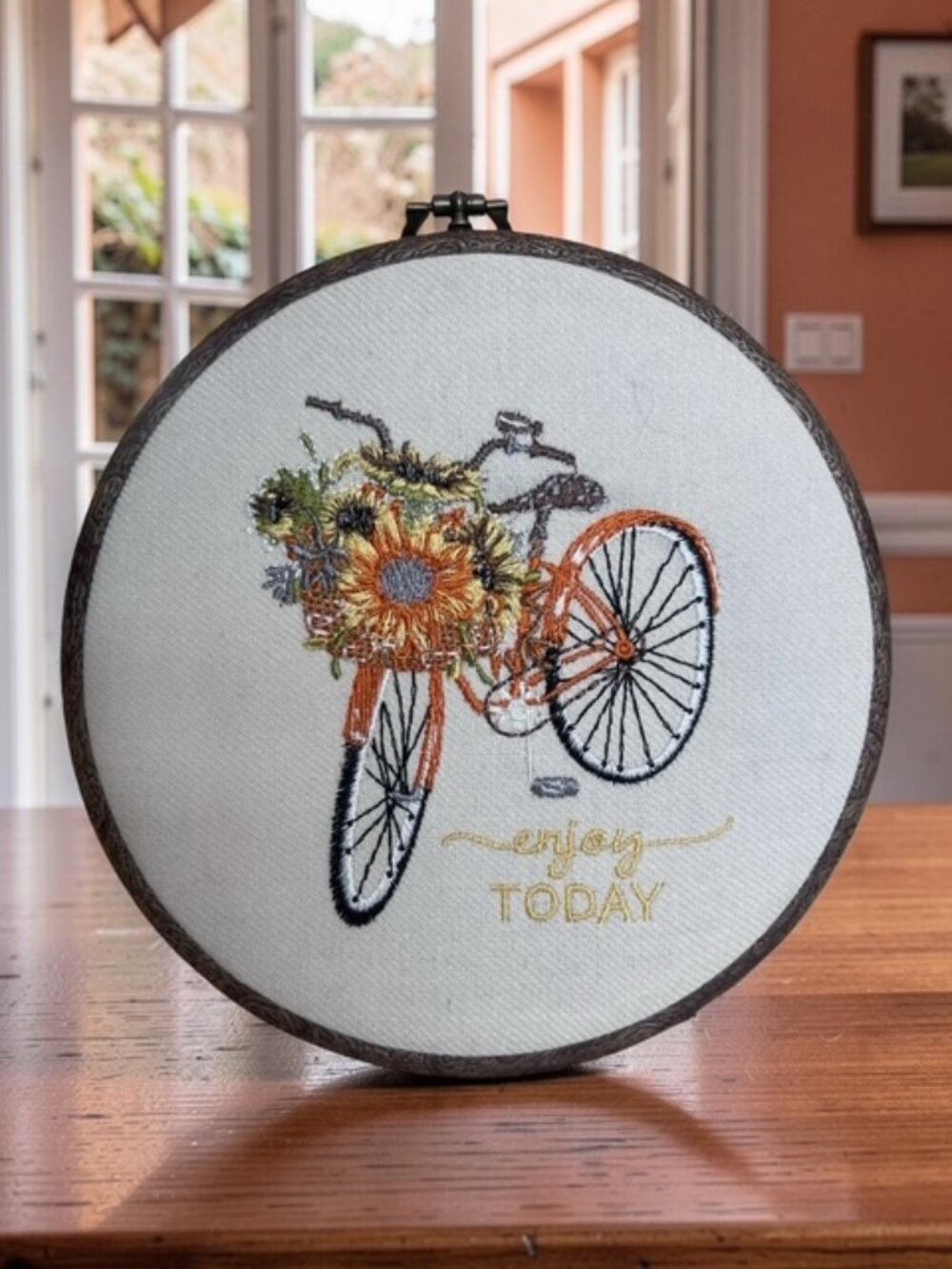 Vintage Hand-Embroidered Hoop-Framed Art Bicycle with Flowers Boho Country Chic